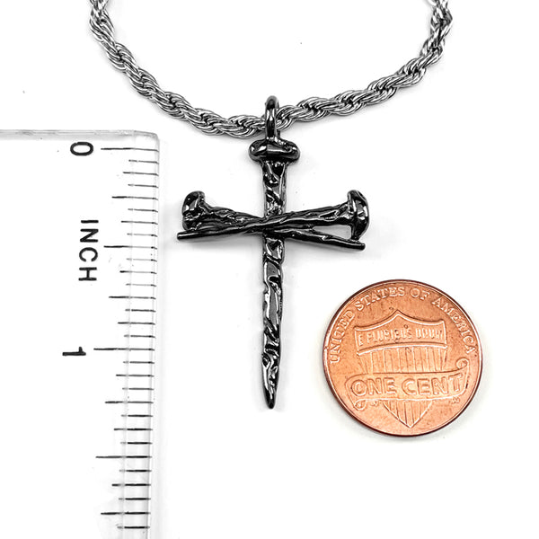 Nail Cross Gunmetal Finish Pendant Necklace Silver Rope Chain - Forgiven Jewelry