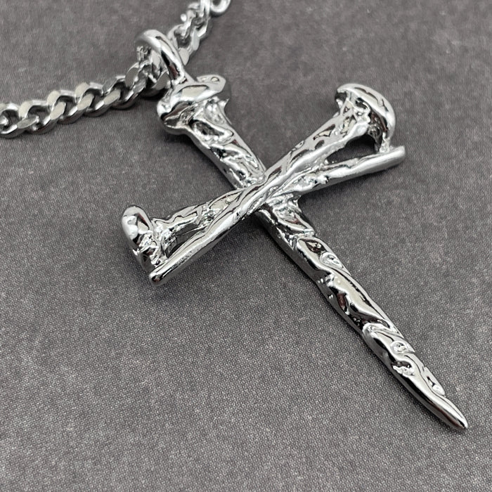 Rugged Antique Nail Cross Necklace Rhodium Silver Finish Chain - Forgiven Jewelry