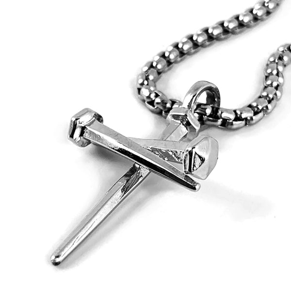 Nail Cross Pendant Necklace Rhodium Silver Finish Heavy Chain - Forgiven Jewelry