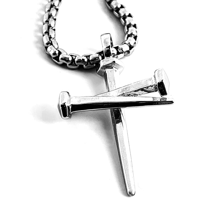 Nail Cross Pendant Necklace Rhodium Silver Finish Heavy Chain - Forgiven Jewelry