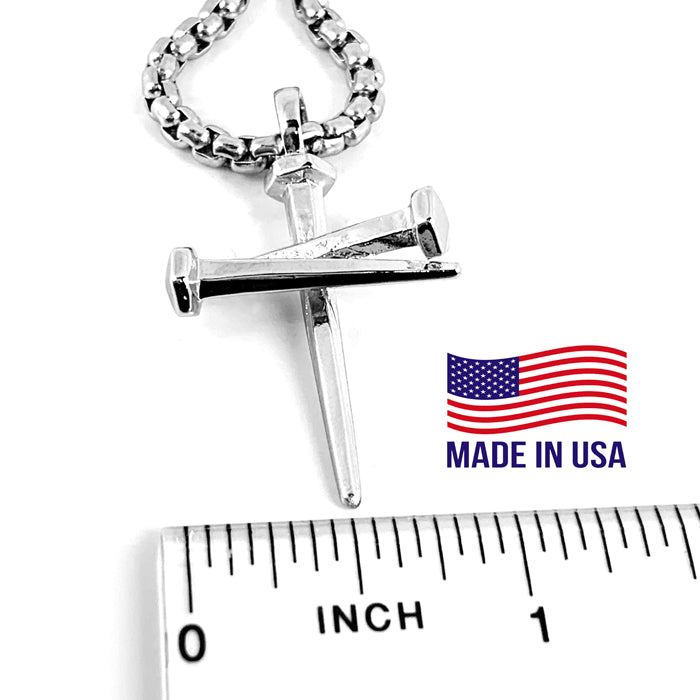Nail Cross Pendant Necklace Rhodium Silver Finish Heavy Chain - Forgiven Jewelry