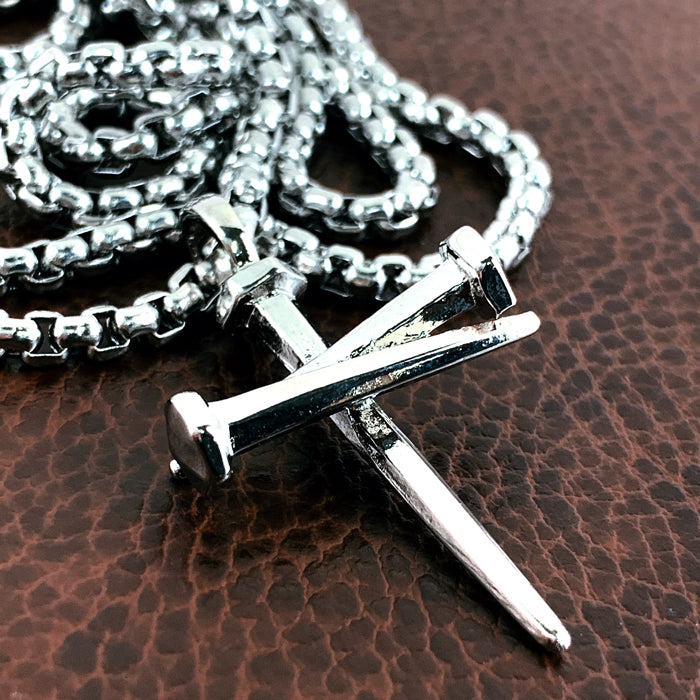 Nail Cross Pendant Necklace Rhodium Silver Finish Heavy Chain - Forgiven Jewelry