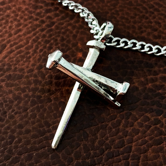 Nail Silver Rhodium Finish Pendant Necklace on Curb Chain - Forgiven Jewelry