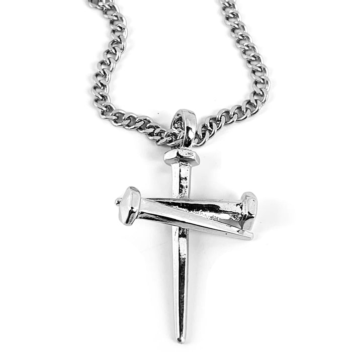 Nail Silver Rhodium Finish Pendant Necklace on Curb Chain - Forgiven Jewelry