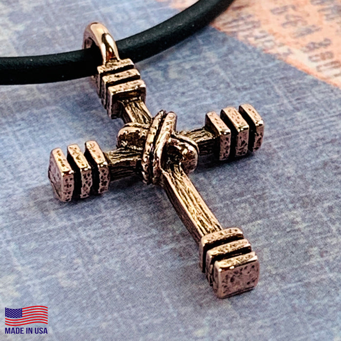 Rugged Cross Necklace Antique Rose Gold Metal Color Finish - Forgiven Jewelry