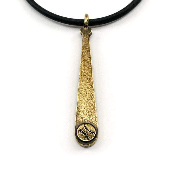 Baseball Softball Bat Necklace Antique Brass On Black Rubber