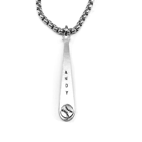 Baseball Softball Customize Name Bat Rhodium Finish Necklace Heavy Chain - Forgiven Jewelry