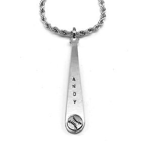 Baseball Softball Customize Name Bat Rhodium Finish Necklace Rope Chain - Forgiven Jewelry