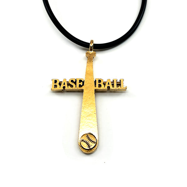 Baseball Cross Gold Bat Necklace Black Rubber Cord