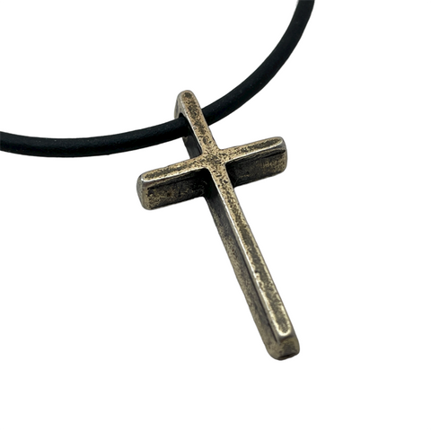 Cross Small Antique Brass Finish Pendant Black Cord Necklace