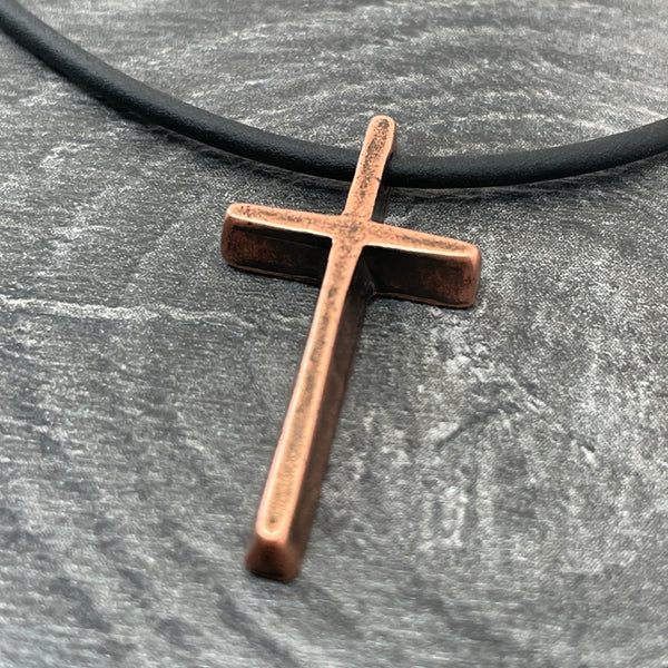 Cross Small Antique Copper Finish Pendant Black Rubber Necklace