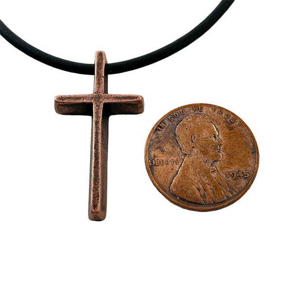 Cross Small Antique Copper Finish Pendant Black Rubber Necklace