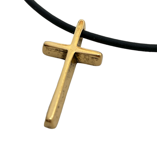 Cross Small Gold Finish Pendant Black Rubber Necklace