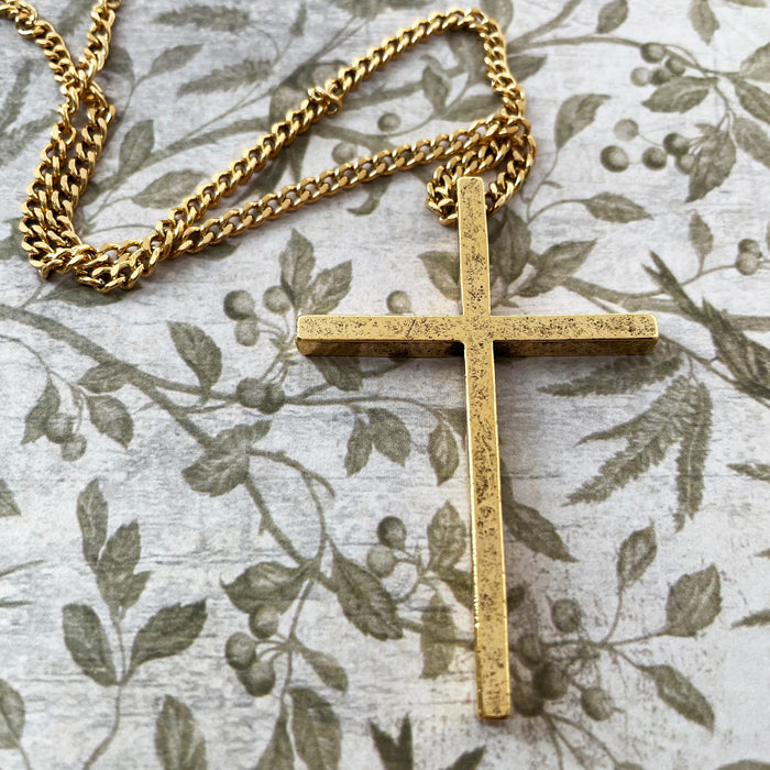 Cross Large Gold Finish Curb Chain Necklace