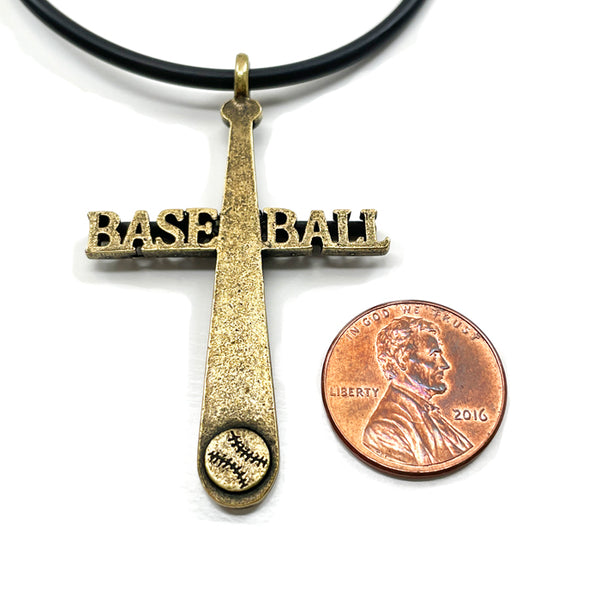 Baseball Cross Brass Bat Necklace Black Rubber Cord