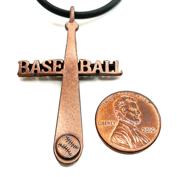 Baseball Cross Copper Bat Necklace Black Rubber Cord