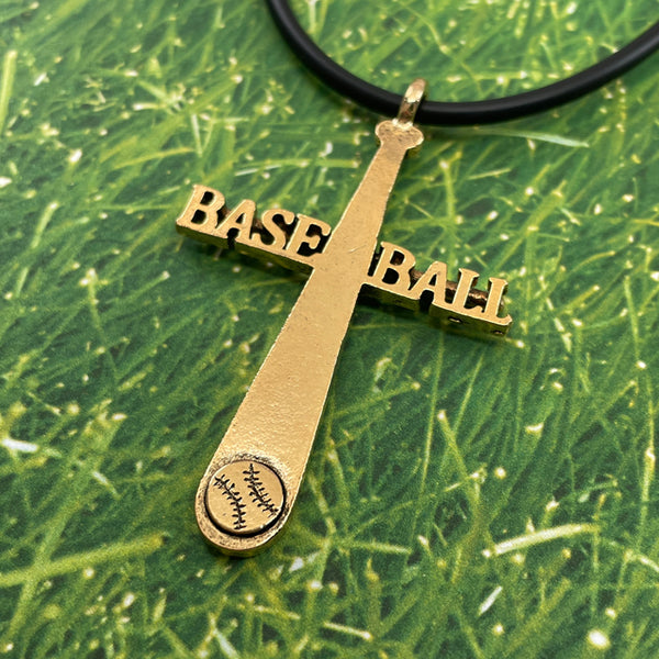 Baseball Cross Gold Bat Necklace Black Rubber Cord