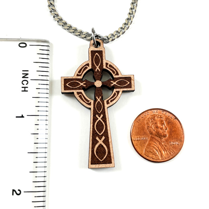 Celtic Wood Cross Pendant Stainless Steel Chain Necklace