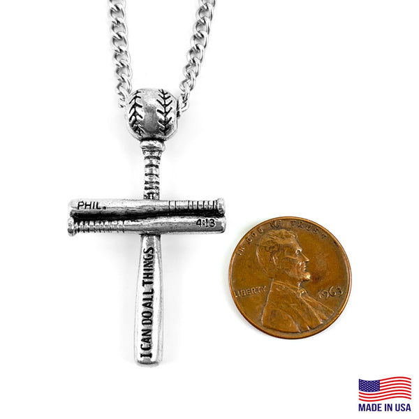Baseball Bat And Ball Cross Small Necklace Antique 18 Inch Silver Chain - Forgiven Jewelry