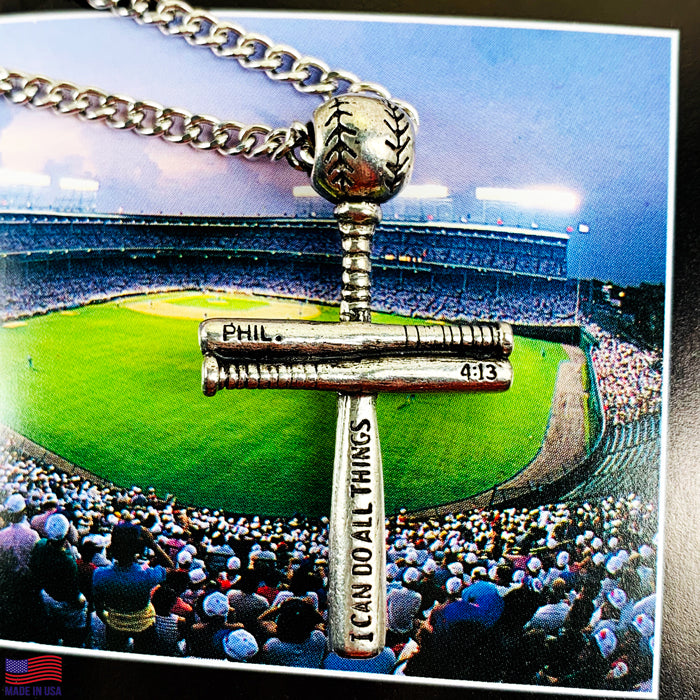 Baseball Bat And Ball Cross Small Necklace Antique 18 Inch Silver Chain - Forgiven Jewelry