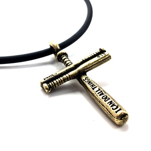 Baseball Bat Cross Small Necklace Brass Pewter - Forgiven Jewelry