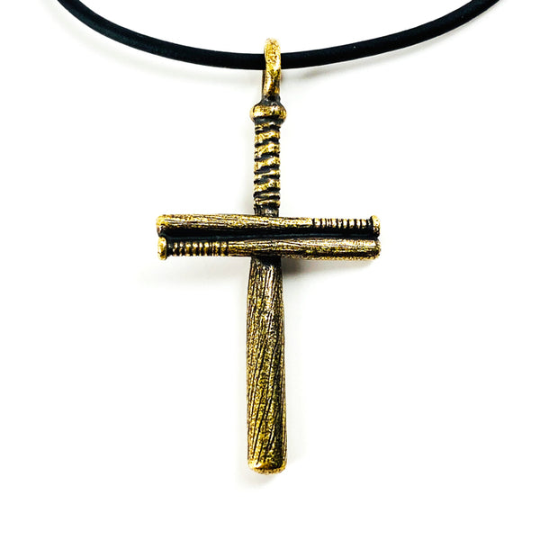 Baseball Bat Cross On Soft Black Rubber Necklace Antique Brass Softball - Forgiven Jewelry
