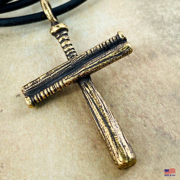 Baseball Bat Cross On Soft Black Rubber Necklace Antique Brass Softball - Forgiven Jewelry