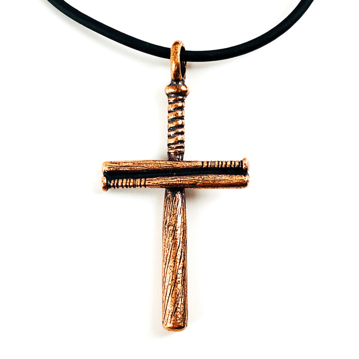 Baseball Bat Cross On Soft Black Rubber Necklace Antique Copper Softball - Forgiven Jewelry