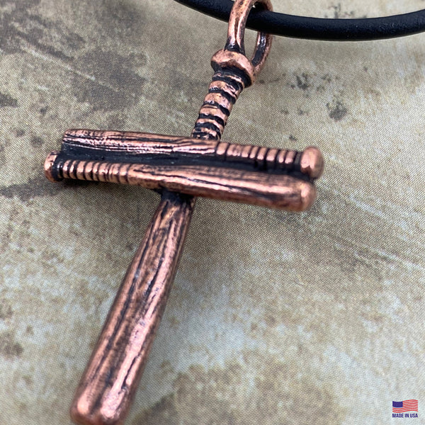 Baseball Bat Cross On Soft Black Rubber Necklace Antique Copper Softball - Forgiven Jewelry