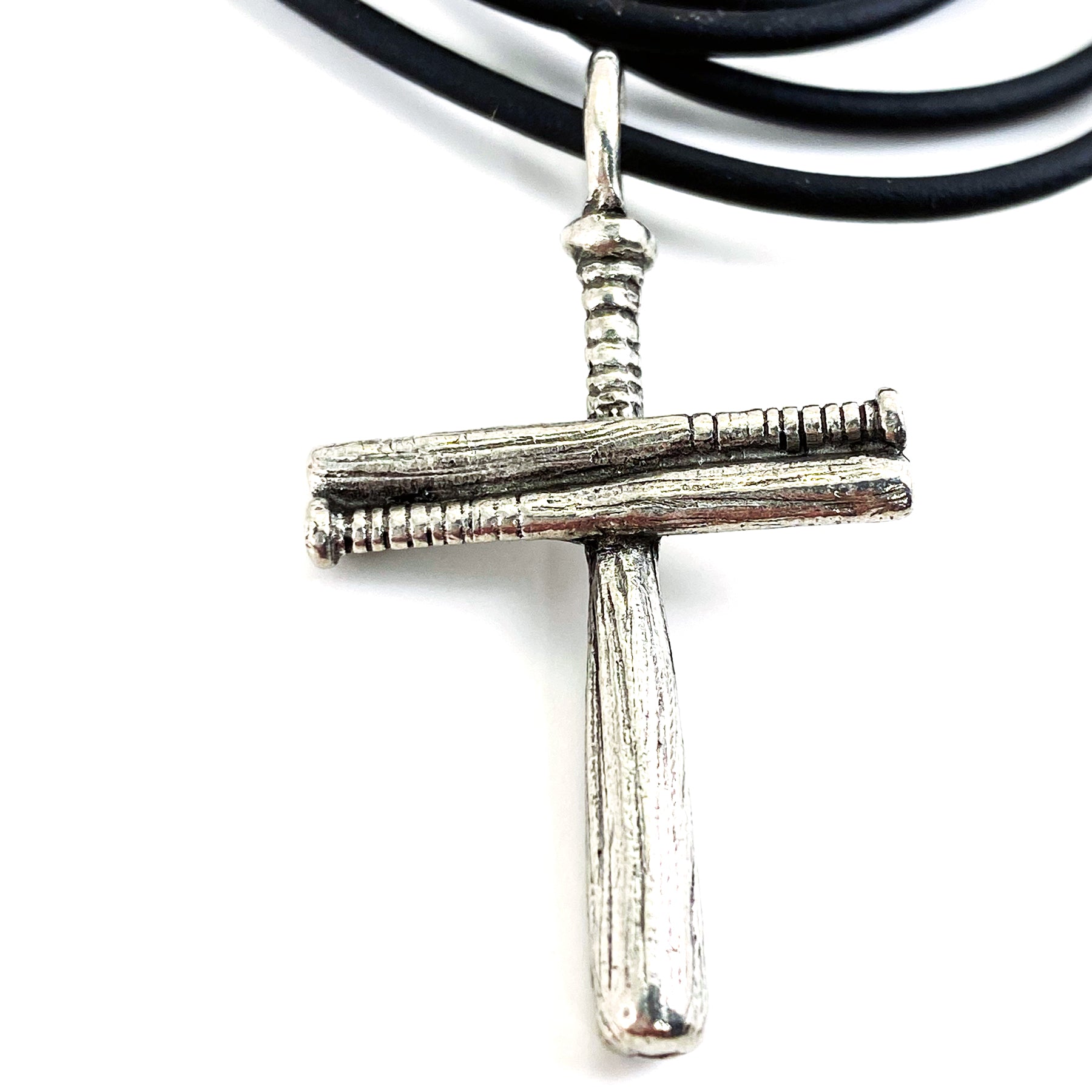 Baseball Bat Cross On Soft Black Rubber Necklace Antique Silver Softball - Forgiven Jewelry