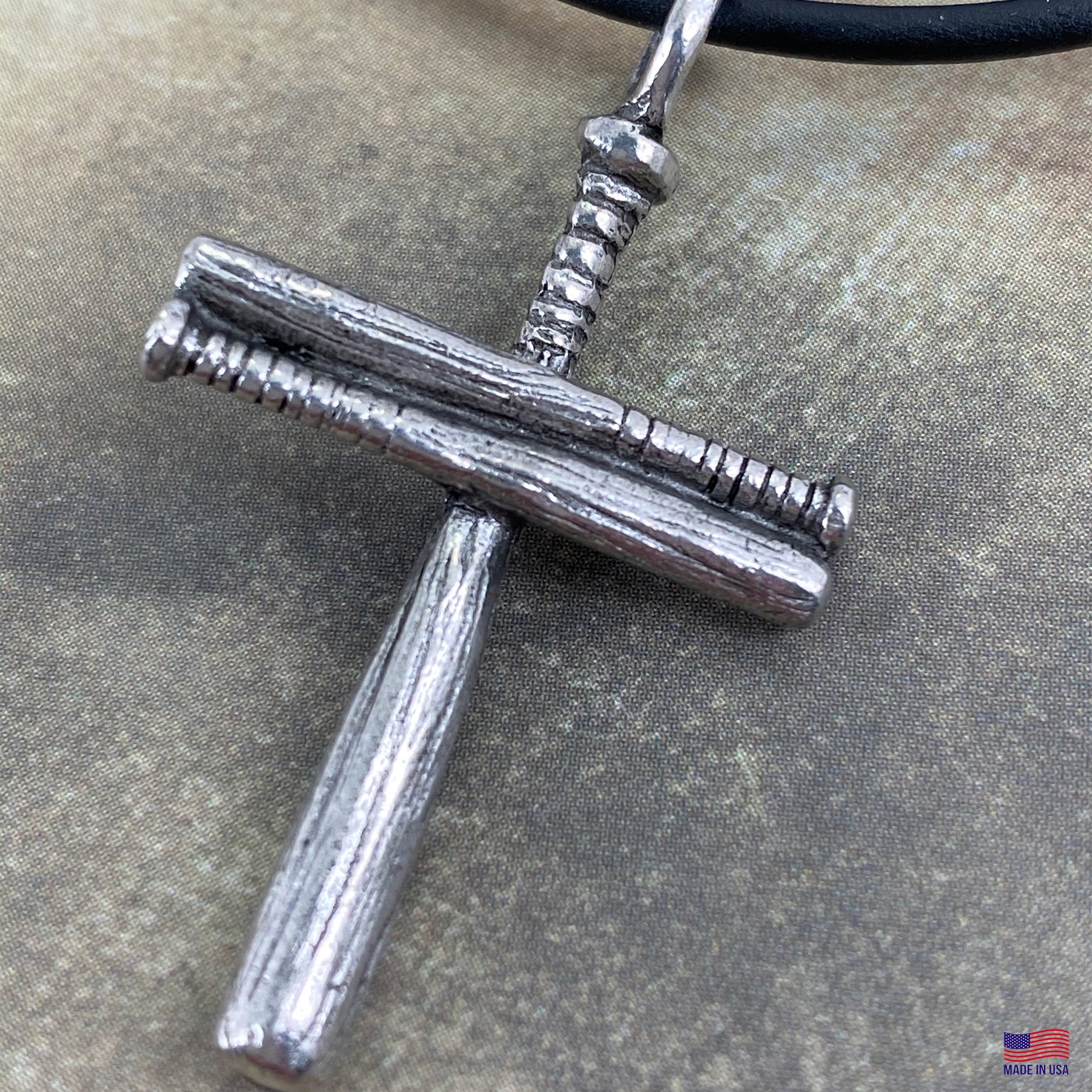 Baseball Bat Cross On Soft Black Rubber Necklace Antique Silver Softball - Forgiven Jewelry