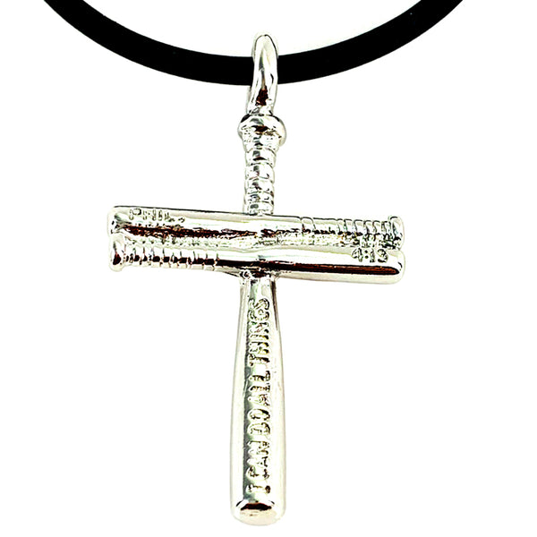 Baseball Cross Bat Necklace Small Rhodium Bling Finish - Forgiven Jewelry