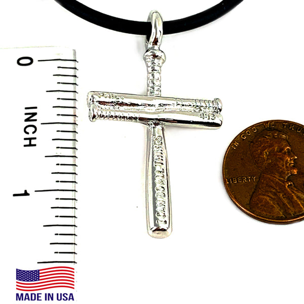 Baseball Cross Bat Necklace Small Rhodium Bling Finish - Forgiven Jewelry