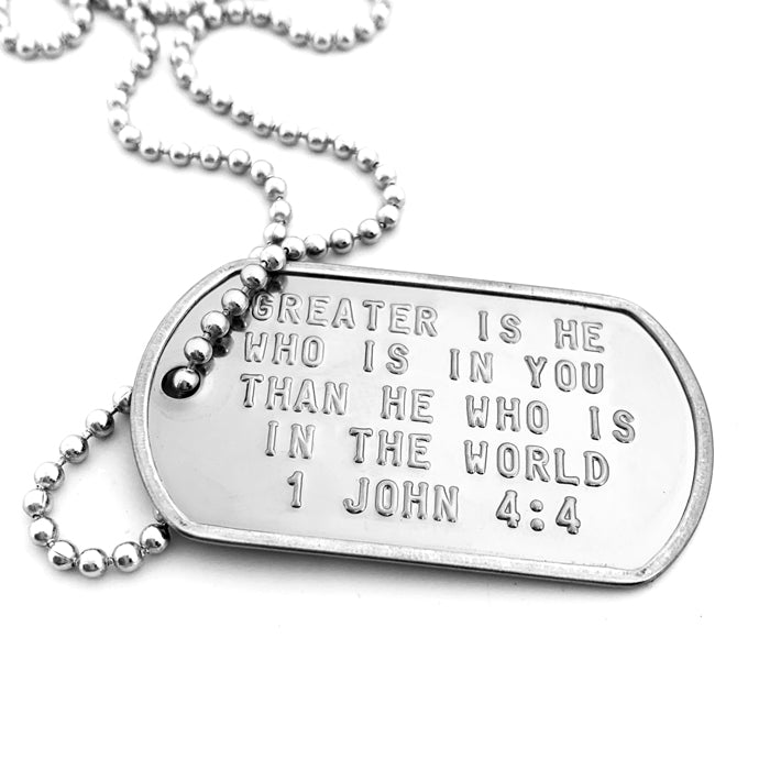 1 John 4:4 Greater Is He Who Is In You Than He Who Is In The World Dog Tag Necklace - Forgiven Jewelry