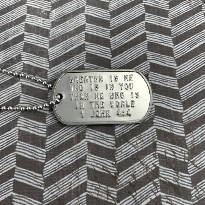 1 John 4:4 Greater Is He Who Is In You Than He Who Is In The World Dog Tag Necklace - Forgiven Jewelry