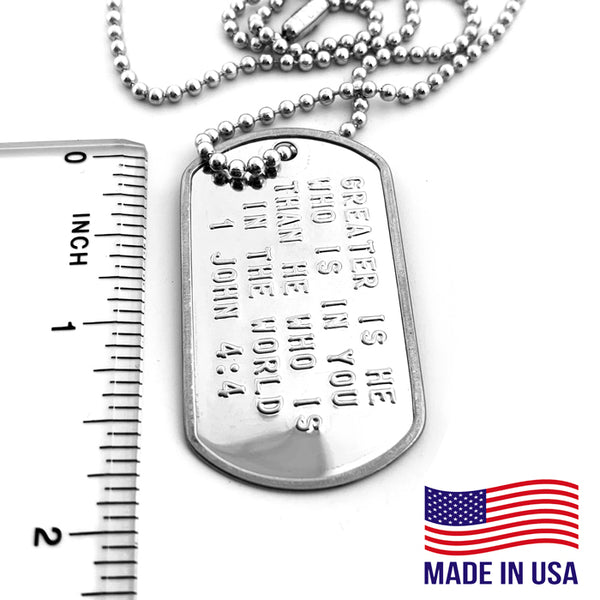 1 John 4:4 Greater Is He Who Is In You Than He Who Is In The World Dog Tag Necklace - Forgiven Jewelry