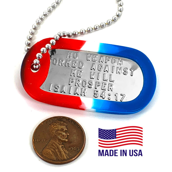 Nothing Formed Against Me Will Prosper Dog Tag Silencer Red White Blue Necklace - Forgiven Jewelry