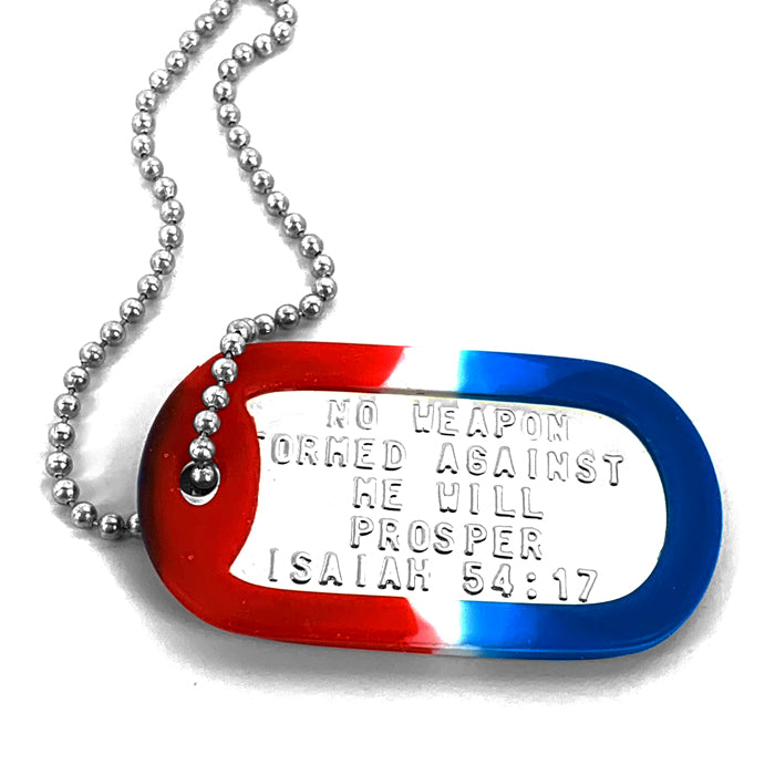 Nothing Formed Against Me Will Prosper Dog Tag Silencer Red White Blue Necklace - Forgiven Jewelry