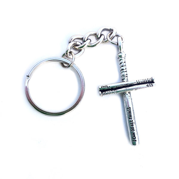 Softball Bat Cross Key Chain Antique Pewter - Forgiven Jewelry