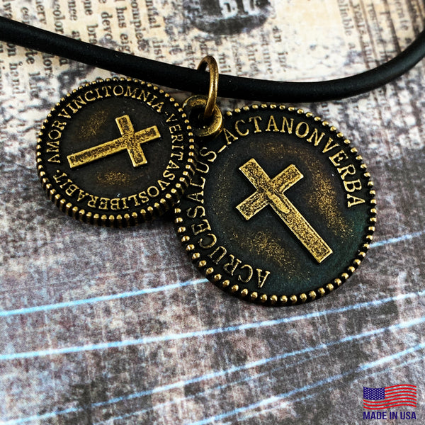 Cross Coins Brass on Rubber Necklace - Forgiven Jewelry