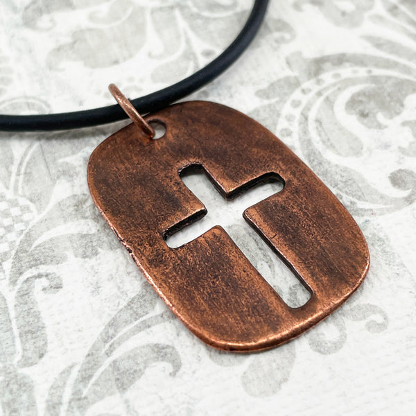 Cross Tag Antique Copper Finish Black Cord Necklace - Forgiven Jewelry