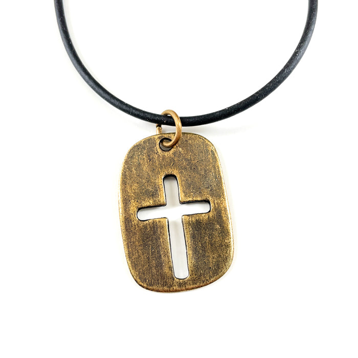 Cross Tag Brass Finish Black Cord Necklace - Forgiven Jewelry