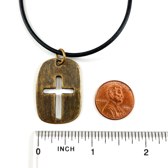 Cross Tag Brass Finish Black Cord Necklace - Forgiven Jewelry