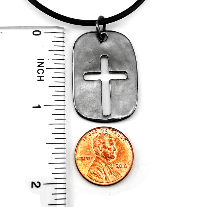Cross Tag Gunmetal Finish Black Cord Necklace - Forgiven Jewelry