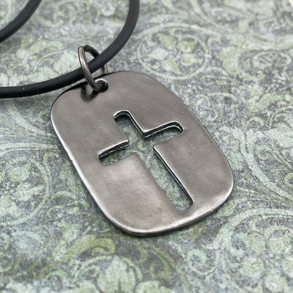 Cross Tag Gunmetal Finish Black Cord Necklace - Forgiven Jewelry