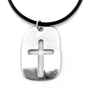 Cross Tag Imitation Rhodium Finish Black Cord Necklace - Forgiven Jewelry