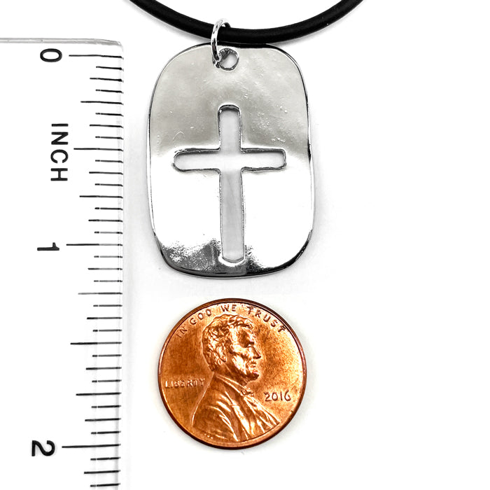 Cross Tag Imitation Rhodium Finish Black Cord Necklace - Forgiven Jewelry
