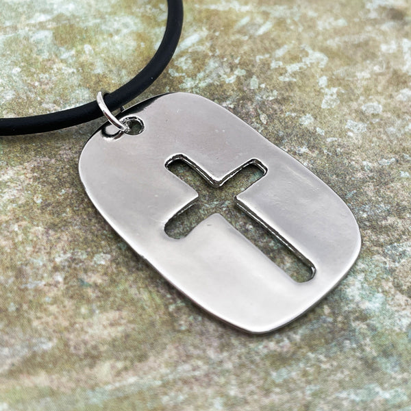 Cross Tag Imitation Rhodium Finish Black Cord Necklace - Forgiven Jewelry