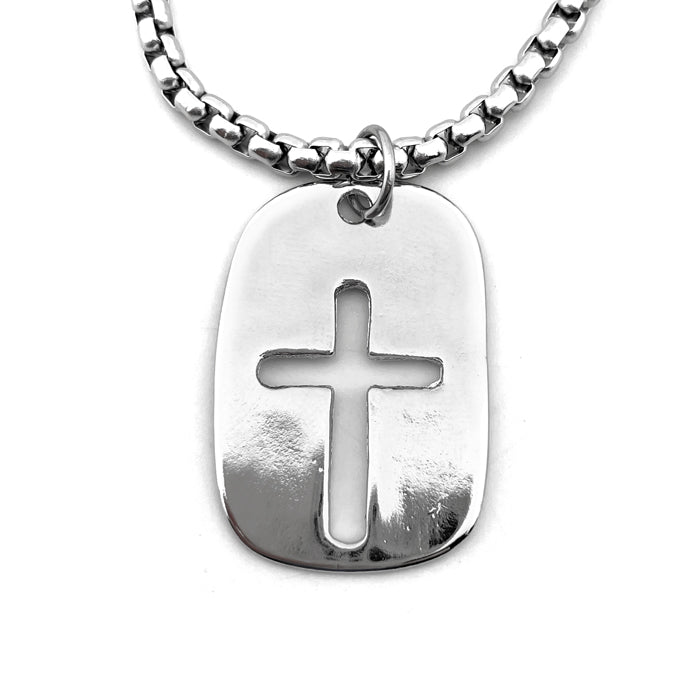 Cross Tag Rhodium Finish Heavy Chain Necklace - Forgiven Jewelry