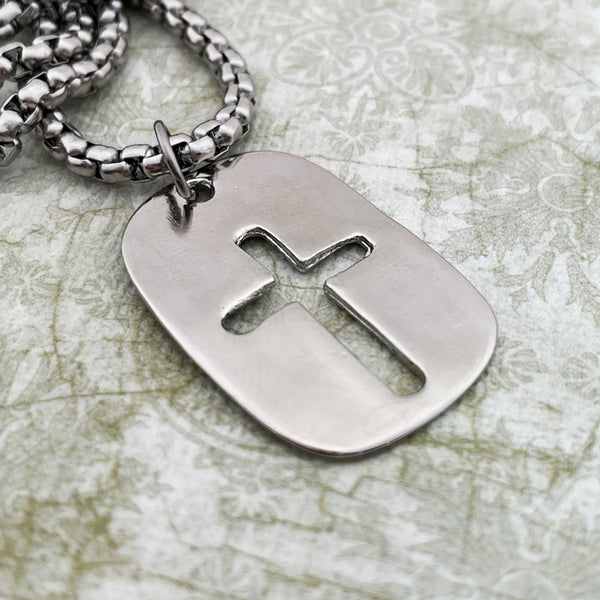 Cross Tag Rhodium Finish Heavy Chain Necklace - Forgiven Jewelry